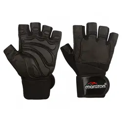 دستکش بدنسازي مچ بند دار نيمه انگشتي طرح ماراتون AR SPORTS-BRS | مشکی | پهلوان شاپ