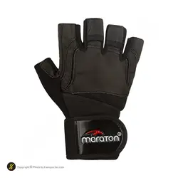 دستکش بدنسازي مچ بند دار نيمه انگشتي طرح ماراتون AR SPORTS-BRS | مشکی | پهلوان شاپ