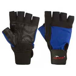 دستکش بدنسازی چرمی نیمه انگشتی راجپوت طرح ماراتون 2022 BRS | آبی/ مشکی | پهلوان شاپ