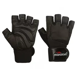 دستکش بدنسازي مچ بند دار نيمه انگشتي طرح ماراتون AR SPORTS-BRS | مشکی | پهلوان شاپ
