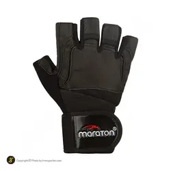 دستکش بدنسازي مچ بند دار نيمه انگشتي طرح ماراتون AR SPORTS-BRS | مشکی | پهلوان شاپ