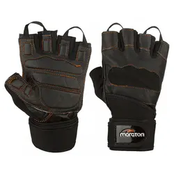 دستکش بدنسازی نیمه انگشتی مچ بند دار طرح ماراتون BRS | مشکی/نارنجی | پهلوان شاپ