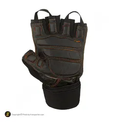 دستکش بدنسازی نیمه انگشتی مچ بند دار طرح ماراتون BRS | مشکی/نارنجی | پهلوان شاپ