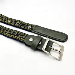 کمربند وریس آبی-سبز چرم قهوه‌ای روشن