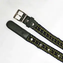 کمربند وریس آبی-سبز چرم قهوه‌ای روشن