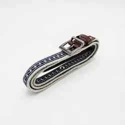 کمربند دستبافت وریس سرمه‌ای-کرم طرح شیردنگ