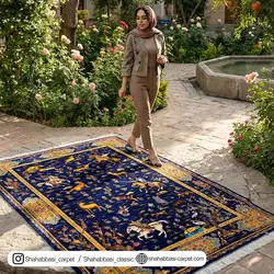 فرش تمام ابریشم شکارگاه سرمه ای