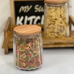 بانکه شیشه ای مدل رومی درب چوبی نیلوفر سایز 3
