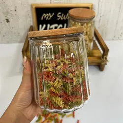 بانکه شیشه ای مدل رومی درب چوبی نیلوفر سایز 3