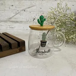 لیوان پیرکس مدل درب چوبی کاکتوس