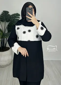 مانتو خامه دوزی سفید مشکی کد 599