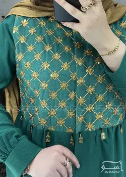 مانتو سوزندوزی هندی سبز طلایی کد 569