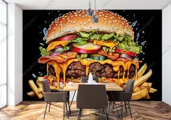 کاغذ دیواری سه بعدی همبرگر HQ-1728 | چاپ دی : دکوراسیون داخلی آنلاین چاپی