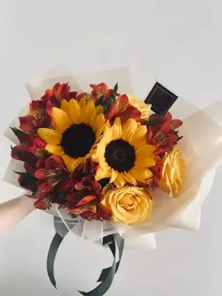 خرید دسته گل پاییزی آلسترومریا آفتابگردان و رز زرد هلندی