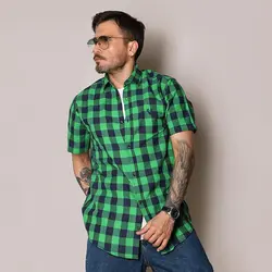 پیراهن چهارخانه پنبه ساده آستین کوتاه - عمده - کد P531