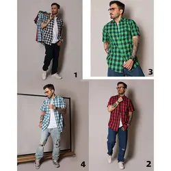 پیراهن چهارخانه پنبه ساده آستین کوتاه - عمده - کد P531