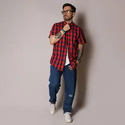 پیراهن چهارخانه پنبه ساده آستین کوتاه - عمده - کد P531