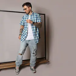 پیراهن چهارخانه پنبه ساده آستین کوتاه - عمده - کد P531