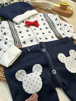 سرهمی پیشبندی خالدار سفید سورمه ای میکی موس نوزادی و کودک کد 112005