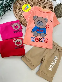 تیشرت شلوارک طرح خرس و موزیک نوزادی و کودک کد 11046