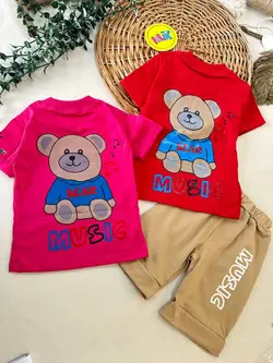 تیشرت شلوارک طرح خرس و موزیک نوزادی و کودک کد 11046