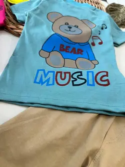 تیشرت شلوارک طرح خرس و موزیک نوزادی و کودک کد 11046