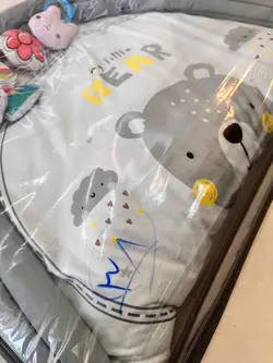 تشک بازی مخمل دایره طرح خرس فانتزی طوسی نوزادی و کودک کد 91038