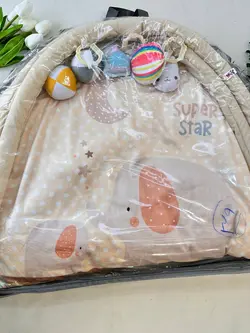 تشک بازی مخمل دایره طرح دو فیل کرمی نوزادی و کودک کد 91039