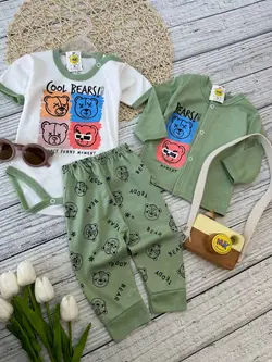 سه تکه طرح خرس اسپرت سبز سدری نوزادی و کودک کد 117214