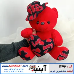 خرس ولنتاین کوچک قرمز 30 سانت کلاهدار با قلب کد 1133