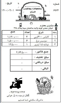 نمونه فیش پرینت طراحی شده فروشگاهی در هلو - تمدید پشتیبانی هلو - پشتیبانی آنلاین هلو - طراحی فاکتور هلو