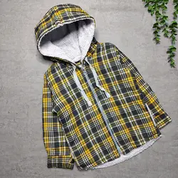 خرید عمده کاپشن چهارخونه نوک مدادی خردلی داخل خز | پوشاک کودکان هدهد