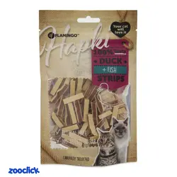 اسنک تشویقی هاپکی گربه با طعم اردک و دور پیچ ماهی فلامینگو - Flamingo Hapki Snack Strips Duck & Fish
