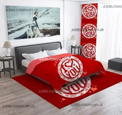 ست فرشینه پرده روتختی طرح لاو زمینه قرمز