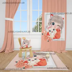 ست فرشینه و پرده و روتختی طرح دخترانه زمینه نارنجی