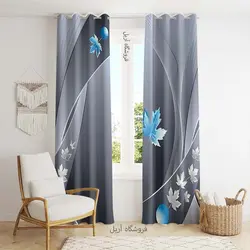 پرده چاپی طوسی با برگ آبی