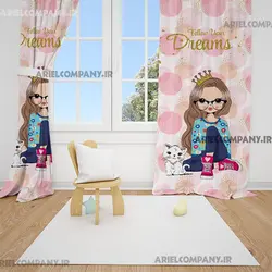 پرده اتاق خواب کودک طرح دختر کارتونی با گربه
