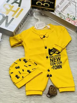 ارزان تر از دیجی کالا لباس سرهمی نوزاد با کلاه طرح زرد چشم گربه ای - وانسی پلاس اصفهان