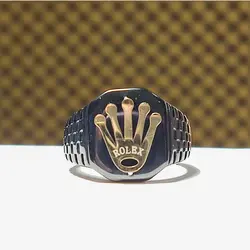 انگشتر استیل مردانه برند رولکس rolex مشکی با تاج طلایی