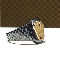 انگشتر استیل مردانه برند رولکس rolex مشکی با تاج طلایی