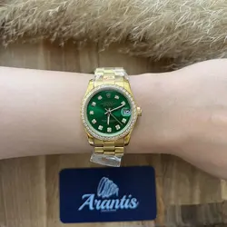 ساعت رولکس زنانه بند پرزیدنت طلایی صفحه سبز دورنگین w-1694