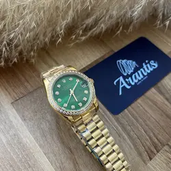 ساعت رولکس زنانه بند پرزیدنت طلایی صفحه سبز دورنگین w-1694