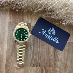 ساعت رولکس زنانه بند پرزیدنت طلایی صفحه سبز دورنگین w-1694