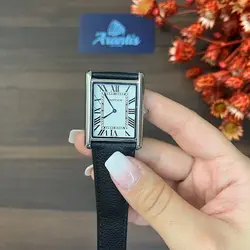 ساعت کارتیه تانک زنانه سیلور بند چرم مشکی w-52730
