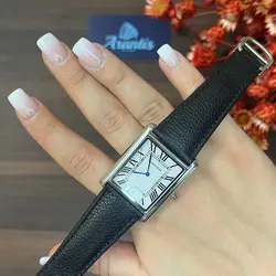 ساعت کارتیه تانک زنانه سیلور بند چرم مشکی w-52730