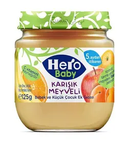 پوره میوه پرتقال،موز،سیب و زردآلو هیرو بی بی hero baby