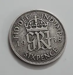 سکه خارجی نقره ۶ پنس کشور بریتانیا شاه جرج ششم سال ۱۹۳۸