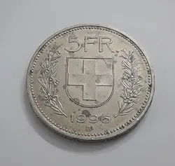 سکه کلکسیونی ۵ فرانک سویس طرح زیبا سایز بزرگ سال  ۱۹۹۶