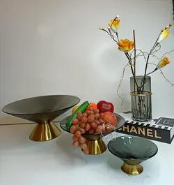 شیرینی خوری|میوه خوری|تنقلات خوری بلور شیار دودی پایه طلایی
