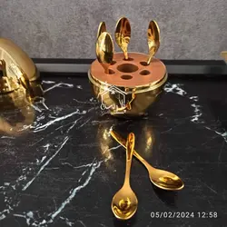 ست قاشق چایخوری|دسرخوری|مربا استند تخم مرغی طلایی